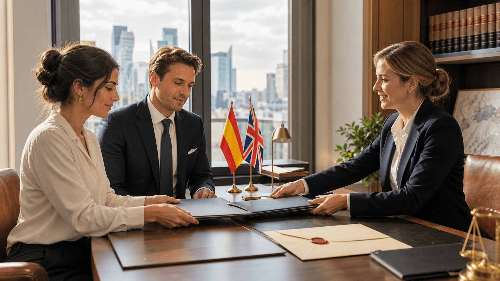 Spanish and UK flags beside legal documents and a gold pen on a desk with soft natural light.