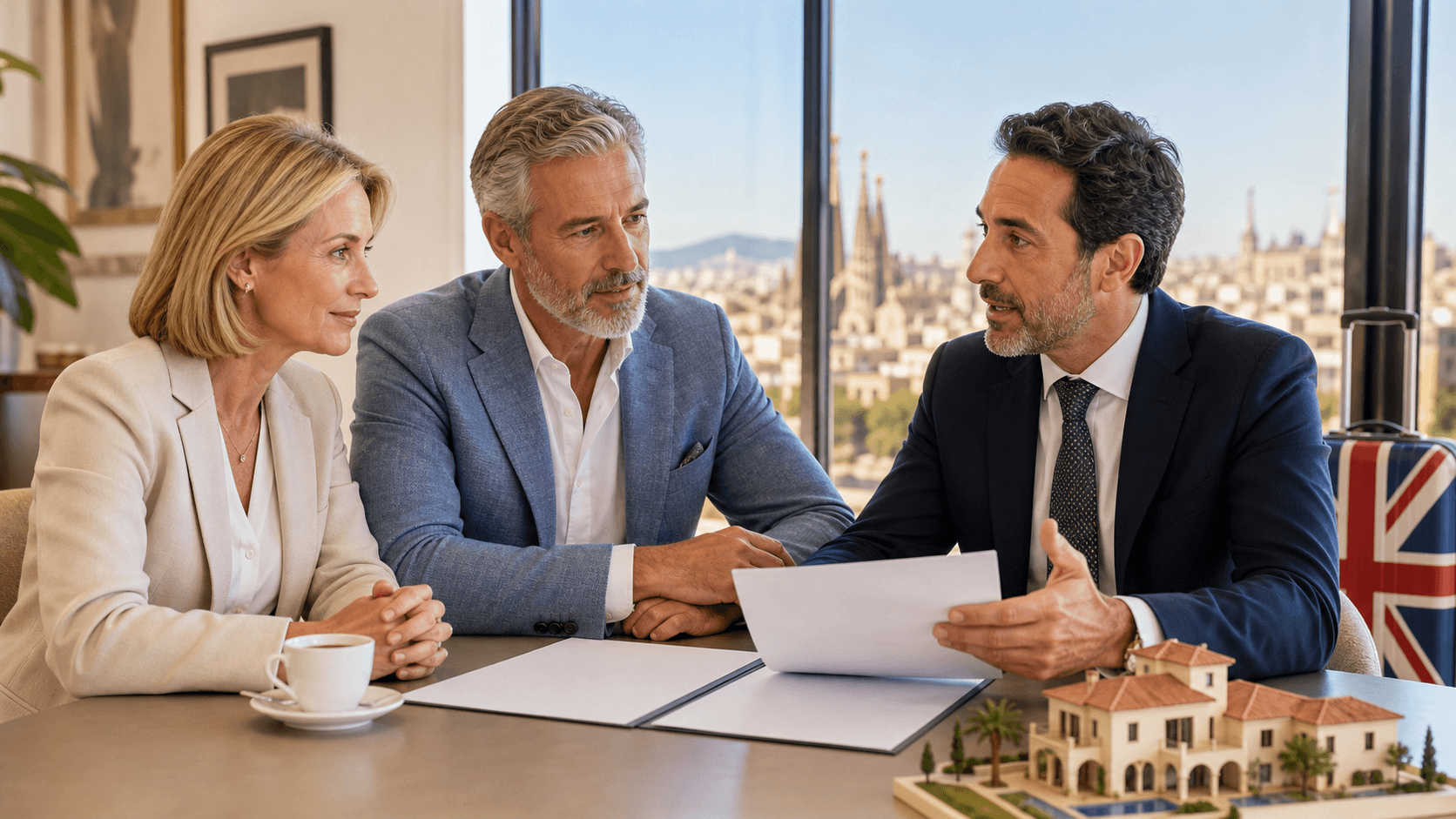 British and Spanish flags beside legal documents and a house model on a desk in warm light.