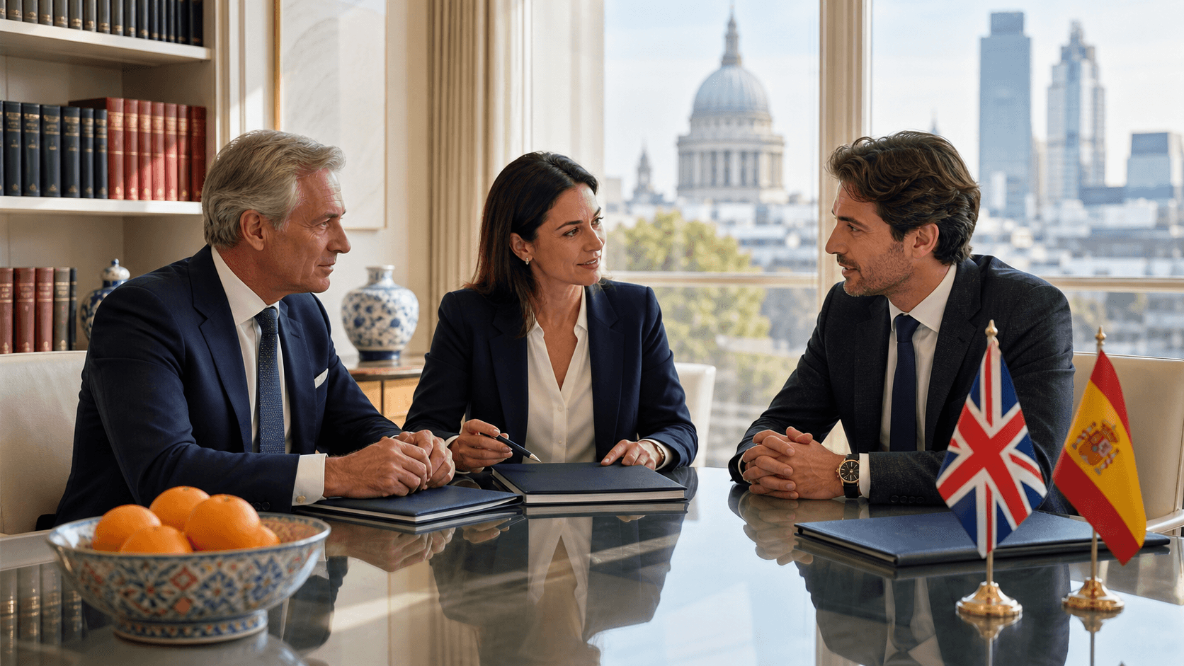 UK and Spanish flags beside legal documents and a gavel on a polished desk in warm light