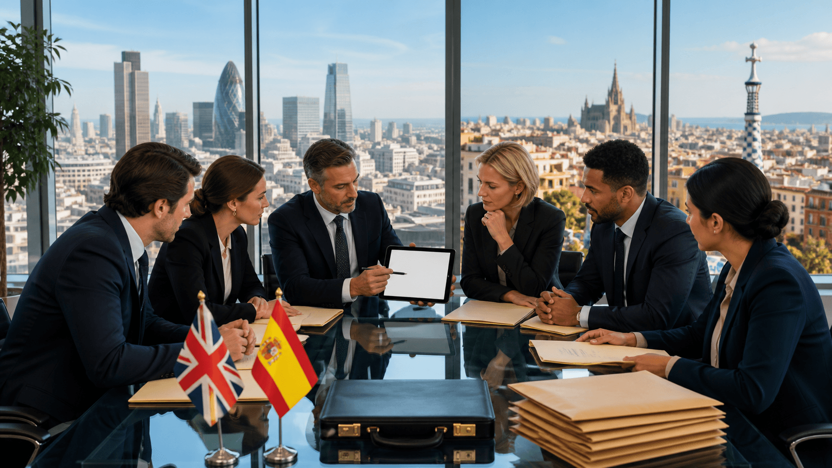 Split-screen legal scene with gavel, Spanish and UK flags, and documents under cool blue lighting