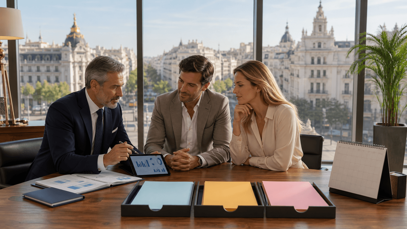 Elegant Madrid office desk with tax documents, laptop, city map, and warm golden light.