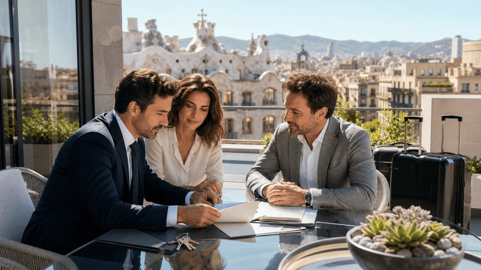 Elegant family with luggage overlooking a sunlit Spanish villa and coastline, framed by blue sky and palm trees.