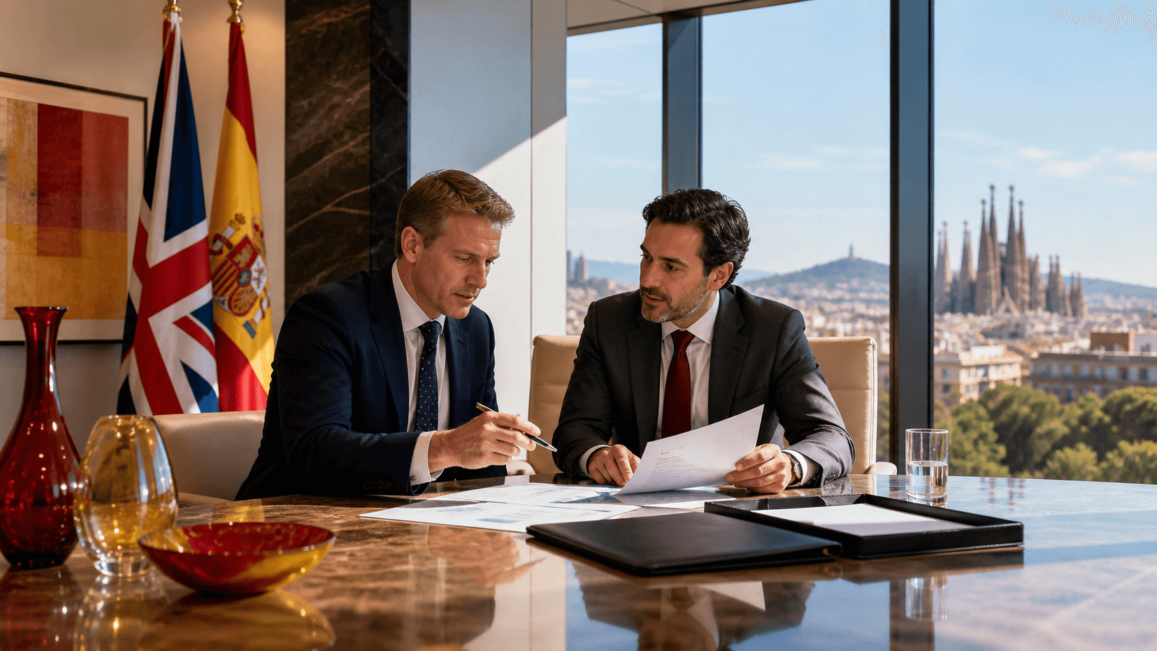 UK and Spanish flags beside tax documents and a calculator on a desk against a blue background