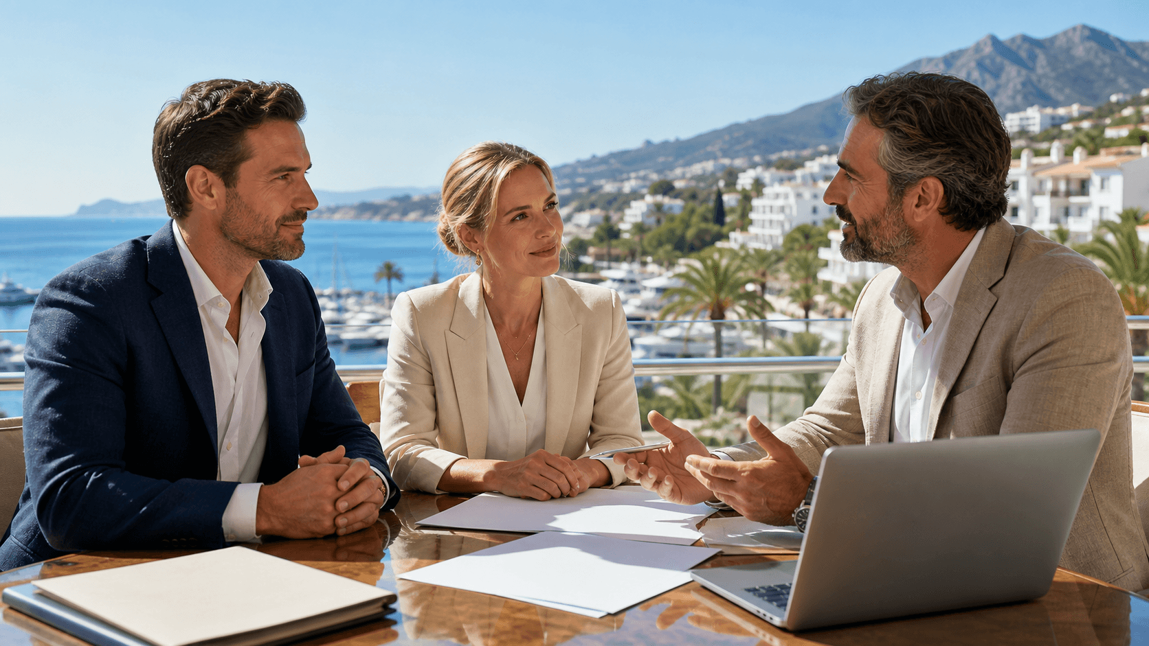 Sunlit Marbella coastline with luxury villas, palm trees, and Mediterranean sea beneath a clear blue sky